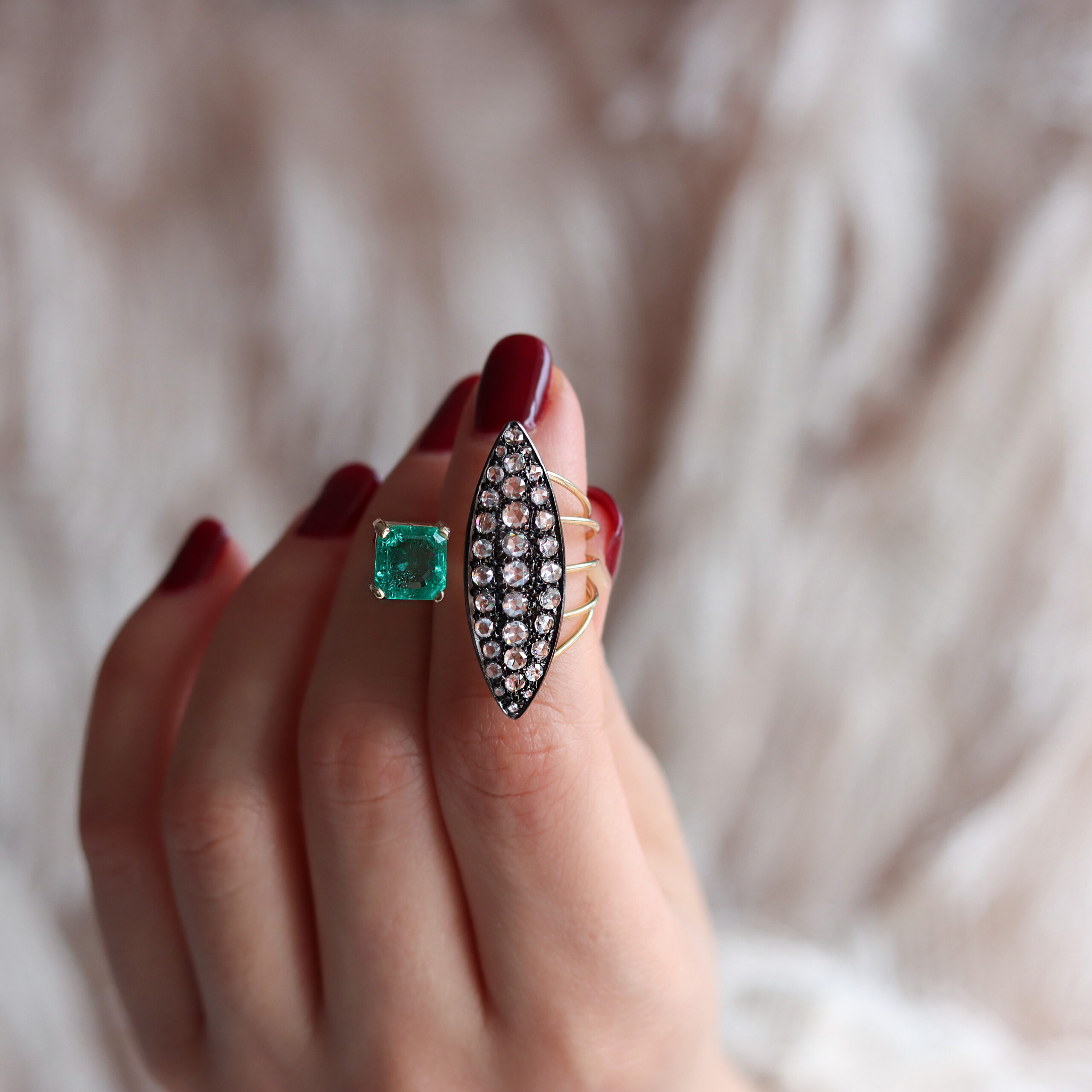 Emerald & Rose Cut Diamond Ring